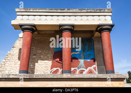 The north entrance, depicting the charging bull fresco, Knossos Palace, Knossos, Crete, Greece Stock Photo