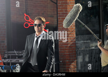 Robert Downey Jr during filming of 'The Judge' in Shelburne Falls, Massachusetts Stock Photo