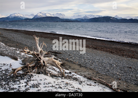 Snow On The Beach, The End Of The Spit At Homer Alaska, Kenai Peninsula, USA Stock Photo