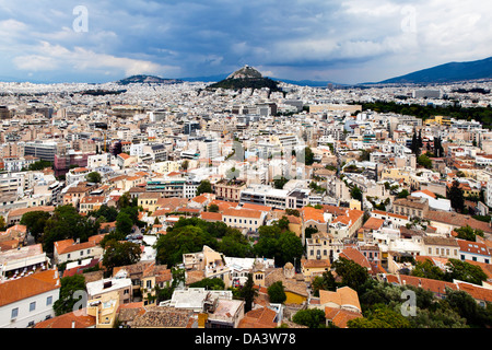 A wide angle view of Athens - Greece, taken from Acropolis.  Mount Lycabettus stands in stark contrast to its urban surroundings Stock Photo