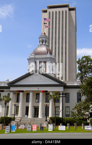 Tallahassee Florida,Florida State Capitol,historic Old Capitol,Classical Revival,museum,building,live oak trees,Spanish moss,signs,protest,war,exterio Stock Photo