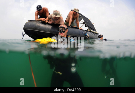 US Navy Divers before a recovery search dive during a Joint POW/MIA Personnel Accounting Command recovery mission May 30, 2010 in Quynh Phuong, Vietnam. The mission of the JPAC is to account of all Americans missing as a result of the nation's past wars. Stock Photo