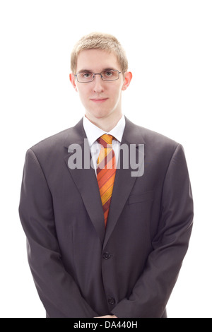 Smiling businessman with folded hands at exhibition Stock Photo