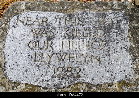 Old sign near the memorial stone of Prince Llywelyn ap Gruffydd Cilmeri Wales Cymru UK GB Stock Photo