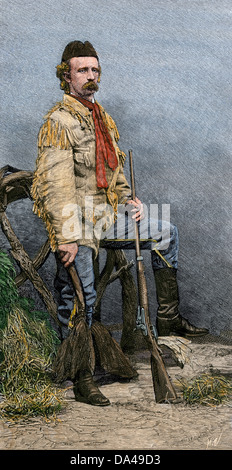 General Custer in his buckskin suit, worn with a sombrero added during his last battle, 1876. Hand-colored woodcut Stock Photo