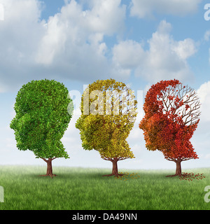 Brain aging and memory loss due to Dementia and Alzheimer's disease with the medical icon of a group of color changing autumn fall trees in the shape of a human head losing leaves as a loss of thoughts and intelligence function. Stock Photo