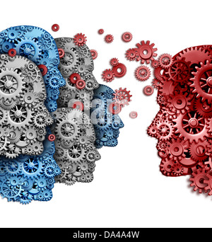 Business training group organization as a company team of students learning from a mentor in red sharing a common strategy and vision for education success as gears and cogs shaped as a human head on a white background. Stock Photo