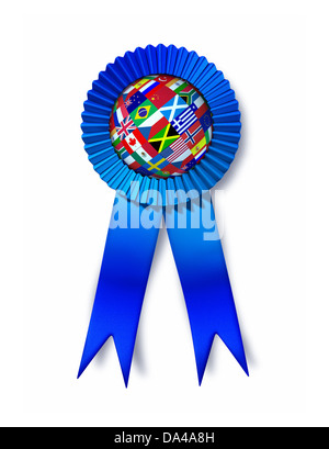 Global success award with a silk blue ribbon prize and a sphere with flags from Europe Asia Africa and America as a business Stock Photo