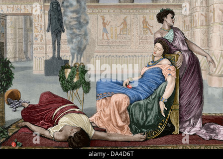 Cleopatra VII Philopator (69-30 BC). Queen of Egypt. Death of Cleopatra. Engraving after a painting of Prinsep. Colored. Stock Photo