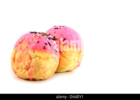 Focus Strawberry donuts on white background. Stock Photo