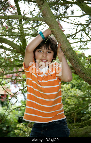 Smiling boy climbing tree Stock Photo - Alamy