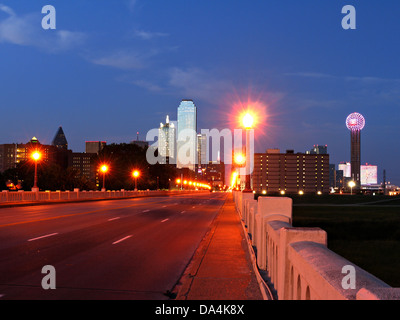 A image of the Dallas Texas skyline at dusk taken from the Commerce street viaduct. Stock Photo