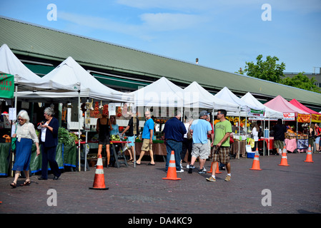 Tent stands at the Pike's Place Public Market. Seattle, Washington, USA. Stock Photo