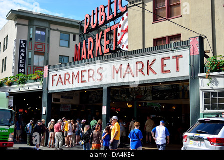 People visit Pike's Place Public Market. Seattle, Washington, USA. Stock Photo