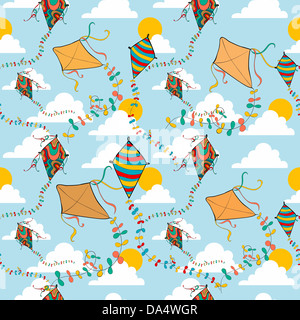 Vibrant colors spring flying kite seamless pattern. Vector file layered for easy manipulation and custom coloring. Stock Photo