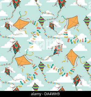 Vibrant colors spring flying kites seamless pattern. Vector file layered for easy manipulation and custom coloring. Stock Photo