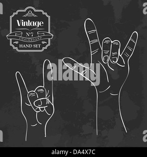 Retro blackboard set metal and rock & roll hand gesture. Vector illustration layered for easy manipulation and custom coloring. Stock Photo