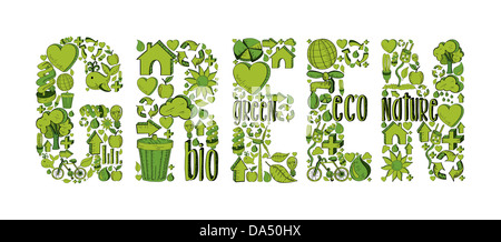 Green word with environmental hand drawn icons in green. This illustration is layered for easy manipulation and custom coloring Stock Photo