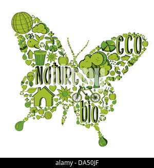 Butterfly with environmental hand drawn icons in green. This illustration is layered for easy manipulation and custom coloring Stock Photo