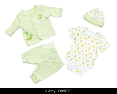Green organic cotton baby pajama bodysuit and a hat set isolated on white background Stock Photo