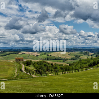 Murlo, Italy, Europe, Tuscany, Toscana, fields, scenery, green, clouds, hills Stock Photo