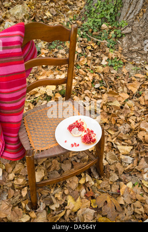 Plate with an open pomegranate in a sessonal fall setting Stock Photo