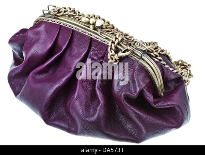 closed dark cherry color leather retro style handbag isolated on white background Stock Photo