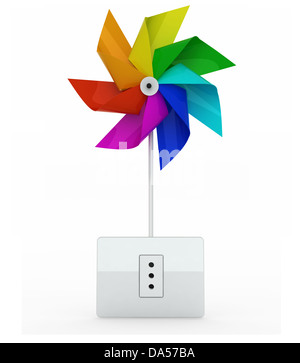 multicolor pinwheel over energy plug on white background, 3d illustration Stock Photo