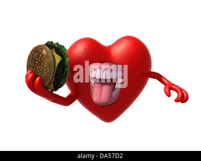 heart with arms, open mouth and a hamburger on hand, 3d illustration Stock Photo