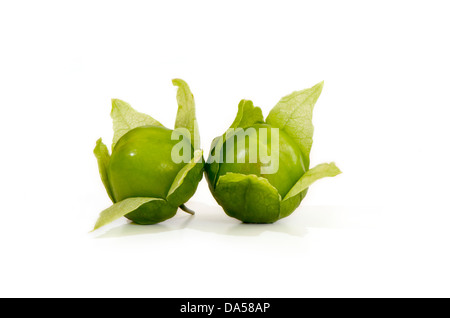 Close-up of Green tomatillo, Physalis philadelphica, fruit on white background. Stock Photo