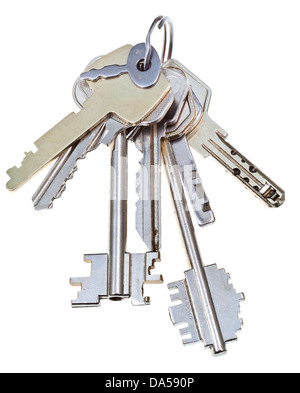 bunch of metal door keys isolated on white background Stock Photo
