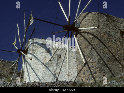 Moni Toplou monastery windmills on Lasithi Plateau, eastern Crete, Greece Stock Photo