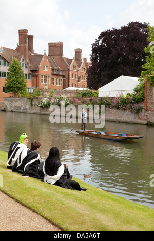 Graduation day, Clare College Cambridge University students and punting on the River Cam, England UK Stock Photo