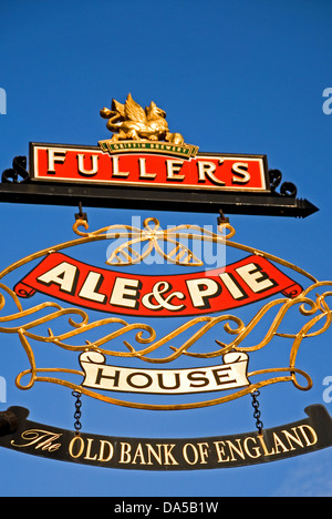 Fullers brewery public house sign for The Old Bank of England pub, against a blue sky in central London. Stock Photo