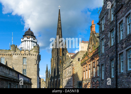 Europe Great Britain, Scotland, Edinburgh, Royal Mile, the Camera Obscura and the Hub tower on the right. Stock Photo