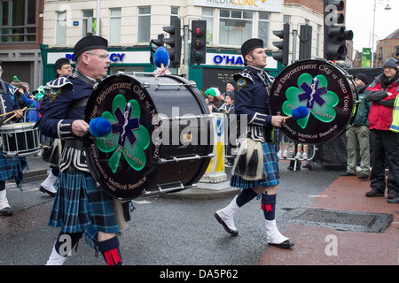 FDNY Emergency Medical Service bass drummers march in Dublin’s St Patrick’s parade, Ireland, in March 2013. Stock Photo