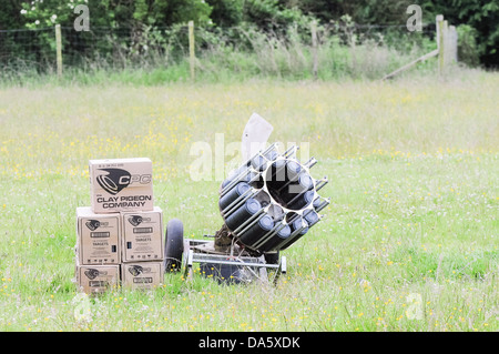 A clay-pigeon trap in the middle of a field Stock Photo