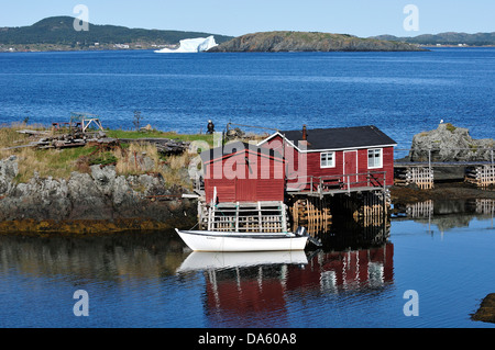 Fishing Village, North Coast, Newfoundland, Canada, village, water, forest, cabin, Stock Photo