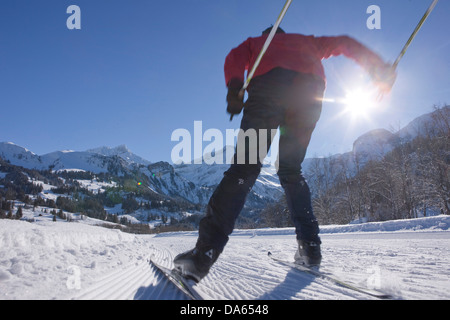 cross-country, ski, Lauenen, winter, village, canton, Bern, Bernese Oberland, cross-country, ski, Switzerland, Europe, man, Stock Photo