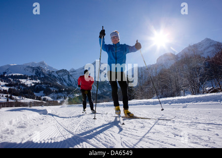 cross-country, ski, Lauenen, winter, village, canton, Bern, Bernese Oberland, cross-country, ski, Switzerland, Europe, couple, Stock Photo