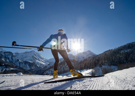 cross-country, ski, Lauenen, winter, village, canton, Bern, Bernese Oberland, cross-country, ski, Switzerland, Europe, woman, su Stock Photo