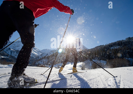 cross-country, ski, Lauenen, winter, village, canton, Bern, Bernese Oberland, cross-country, ski, Switzerland, Europe, couple, s Stock Photo