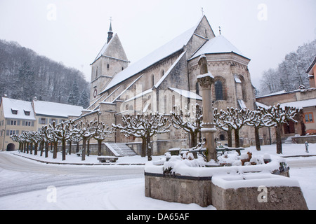 Saint Ursanne, Jura, canton, JU, village, snow, winter, Switzerland, Europe, church Stock Photo