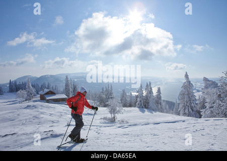 Dent de Vaulion, Valle de Joux, Snow shoe, snowshoe, walking, hiking, Lac de Joux, mountain, mountains, scenery, landscape, lake Stock Photo
