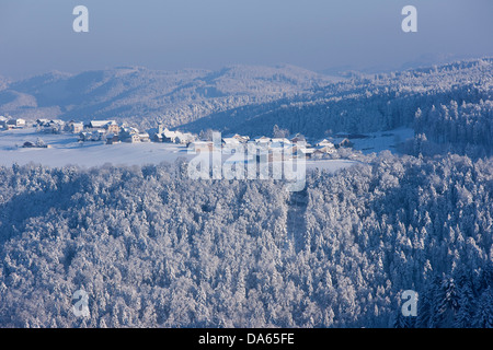Winter mood, to free mountains, wood, forest, winter, snow, canton, JU, Jura, village, Switzerland, Europe, Saulcy Stock Photo