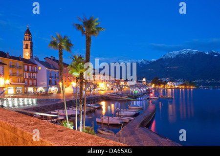 Ascona, at night, canton, TI, Ticino, South Switzerland, town, city, night, dark, Switzerland, Europe, lights Stock Photo