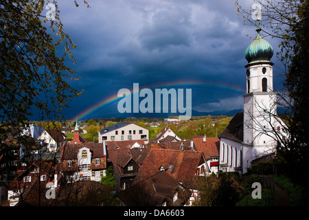 Rheineck, rainbow, canton, SG, St. Gallen, Rhine Valley, weather, clouds, cloud, Switzerland, Europe, Stock Photo