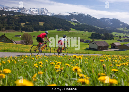 Cyclist, biker, Appenzell area, spring, bicycle, bicycles, bike, riding a bicycle, canton, Appenzell, Innerroden, Alpstein, Sänt Stock Photo
