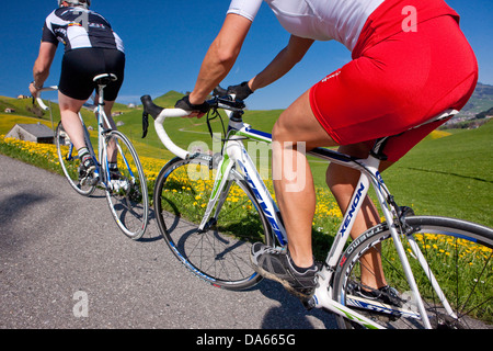 Cyclist, biker, Appenzell area, spring, bicycle, bicycles, bike, riding a bicycle, canton, Appenzell, Innerroden, Alpstein, Sänt Stock Photo