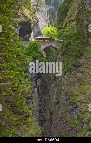 Bridges, Via Mala, Hinterrhein, Rhine, canton, GR, Graubünden, Grisons, bridge, gulch, canyon, postal car, Switzerland, Europe, Stock Photo